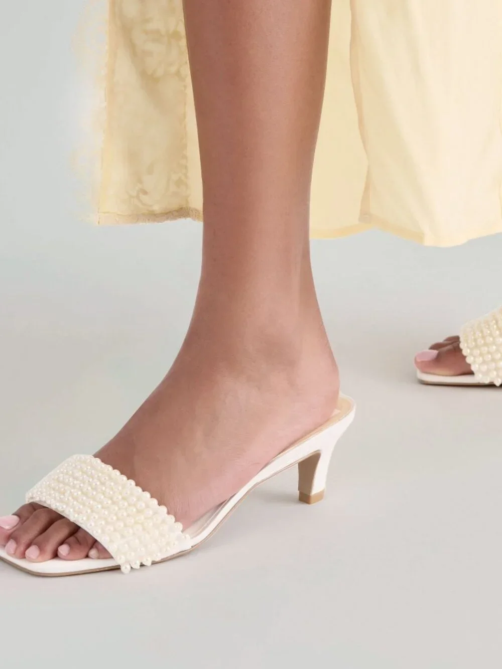 Dolce Vita Rexa Pearl Heel in Off White open toe satin kitten heel